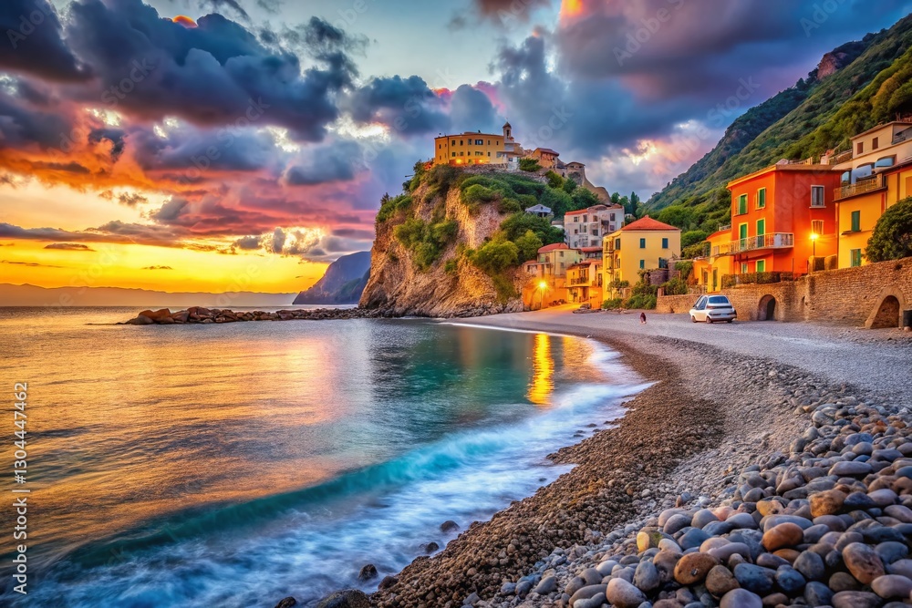 Fototapeta premium Astonishing Coastal Scene: Shingle & Sand Beaches, Dramatic Cliffs, Marina di Camerota, Italy