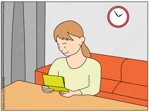 金利アップで利息が増えた通帳を見て喜ぶ若い女性