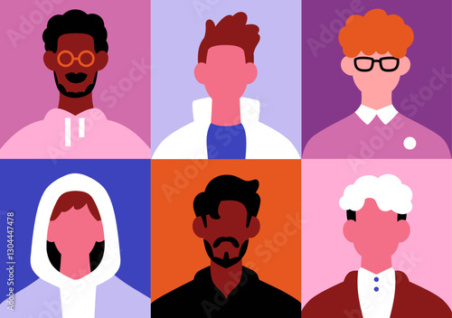 Men avatars set, grid. Diverse faceless male characters, head portraits, faces. Modern guys, creative unique user profiles group. Different young people in glasses, hood. Flat vector illustration