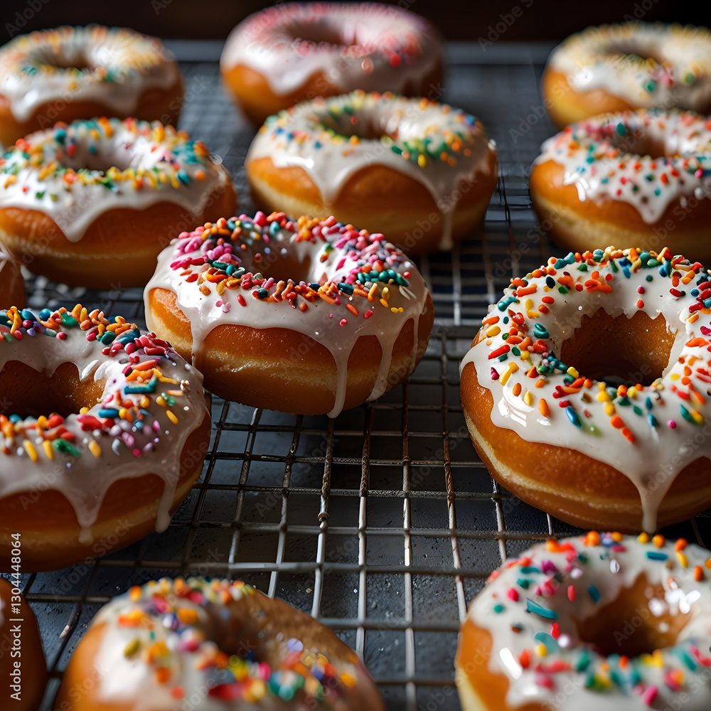 Glazed Donuts with Colorful Sprinkles on a Wire Rack
Glazed Donuts with Colorful Sprinkles on a Wire Rack