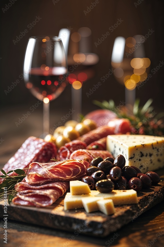 Charcuterie platter with assorted meats, cheeses, and wine during evening gathering Charcuterie platter with assorted meats, cheeses, and wine during evening gathering