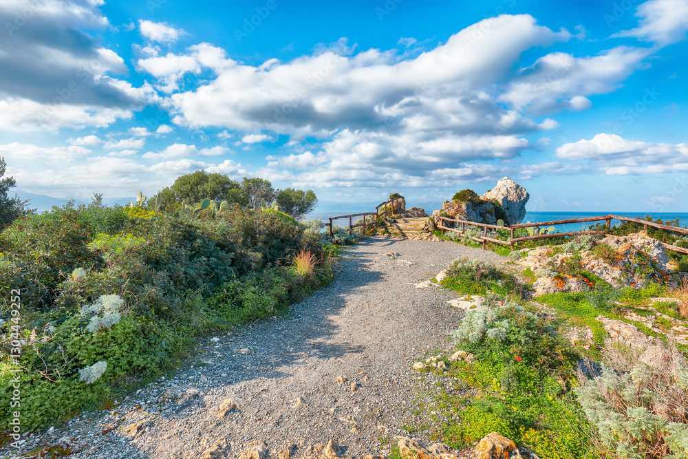 Scenic spring view on the the cape Milazzo panorama of nature reserve Piscina di Venere.