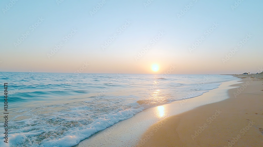 Fototapeta premium Serene beach at sunrise with gentle waves and clear sky, perfect for relaxation and inspiration.