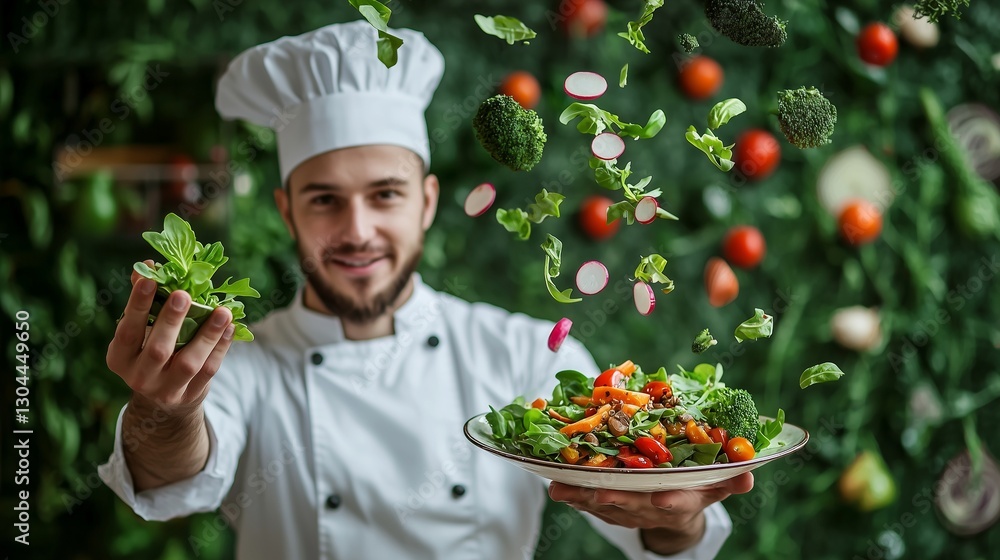 Chef presenting fresh organic salad, embodying farm-to-table concept. Chef presenting fresh organic salad, embodying farm-to-table concept.