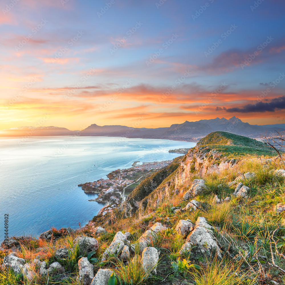 Amazing view of Porticello and Santa Flavia towns and national park Orientata Pizzo Cane