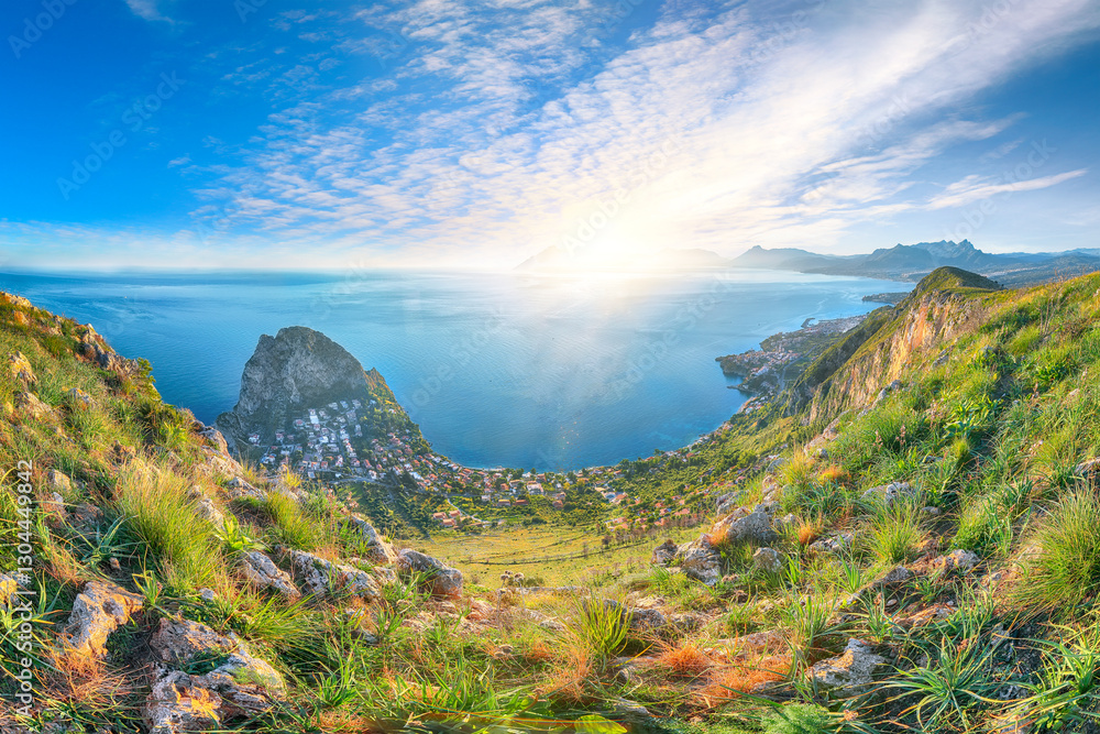 Spectacular view of Santa Flavia town with cape Zafferano and national park Orientata Pizzo Cane.
