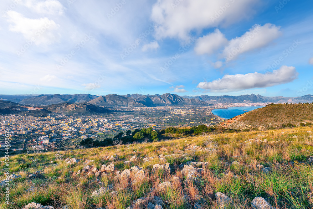 Panoramic view of Bagheria and Palermo towns and national park Orientata Pizzo Cane.