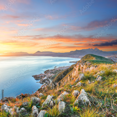 Amazing view of Porticello and Santa Flavia towns and national park Orientata Pizzo Cane