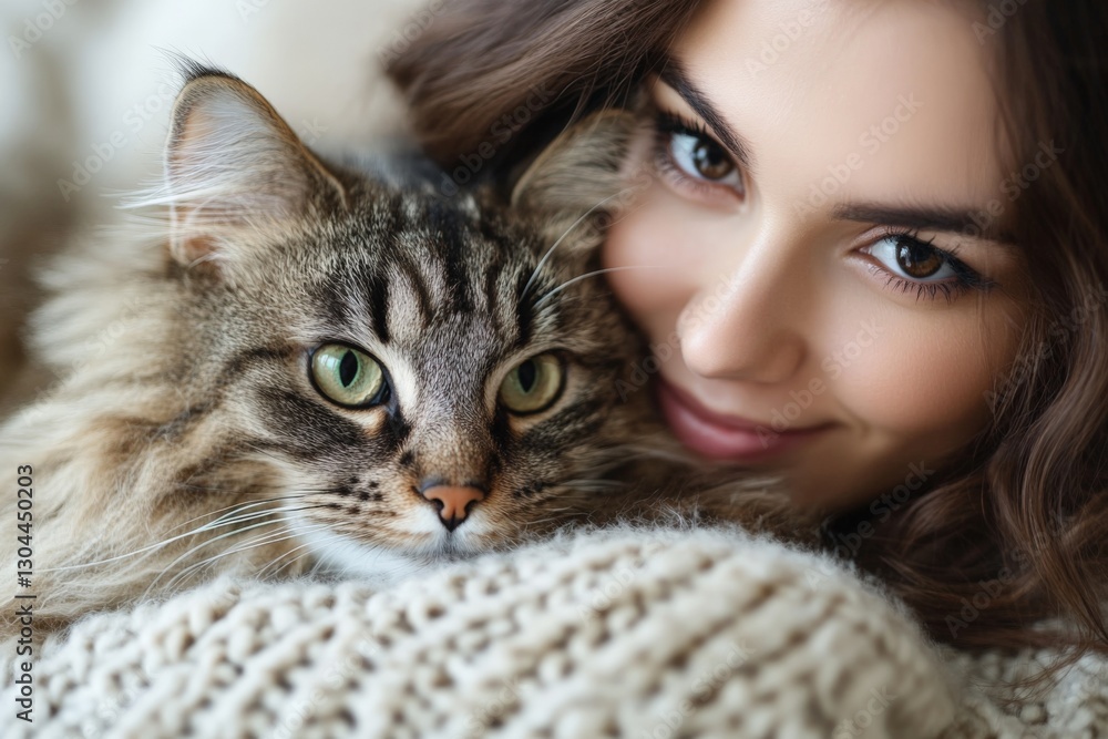Woman cuddles fluffy cat while relaxing at home during a cozy afternoon Woman cuddles fluffy cat while relaxing at home during a cozy afternoon