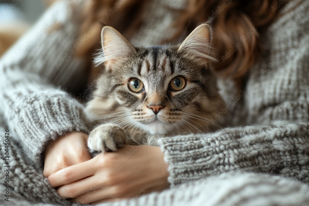 Cozy cat snuggles with its owner while wrapped in a warm knitted sweater indoors during winter Cozy cat snuggles with its owner while wrapped in a warm knitted sweater indoors during winter