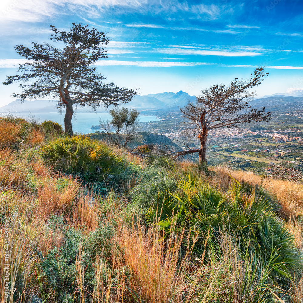 Amazing view of Porticello and Santa Flavia towns and national park Orientata Pizzo Cane