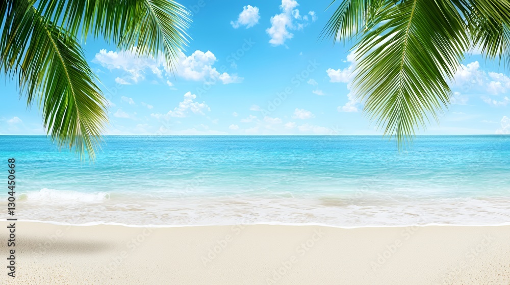 Tranquil Tropical Beach Scene with Blue Ocean and Palm Trees Tranquil Tropical Beach Scene with Blue Ocean and Palm Trees