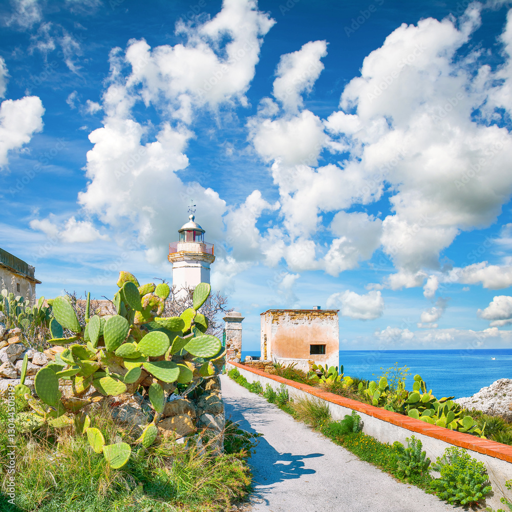 Scenic sunny day over Capo Zafferano Lighthouse