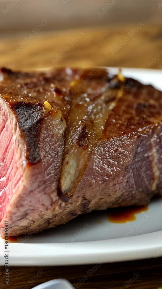 Juicy roasted beef served on a white plate garnished with delicious brown crust and flavorful juices Juicy roasted beef served on a white plate garnished with delicious brown crust and flavorful juices