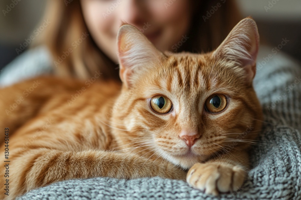 Cat relaxes on cozy sweater while owner smiles gently in warm indoor setting Cat relaxes on cozy sweater while owner smiles gently in warm indoor setting