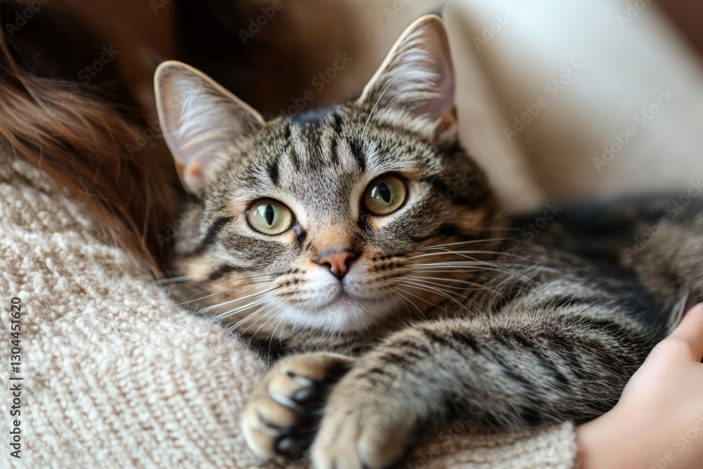 Tabby cat resting comfortably on a person's lap while being gently held indoors in a cozy setting Tabby cat resting comfortably on a person's lap while being gently held indoors in a cozy setting