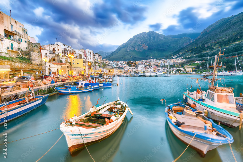 Superb evening cityscape of Castellammare del Golfo town.
