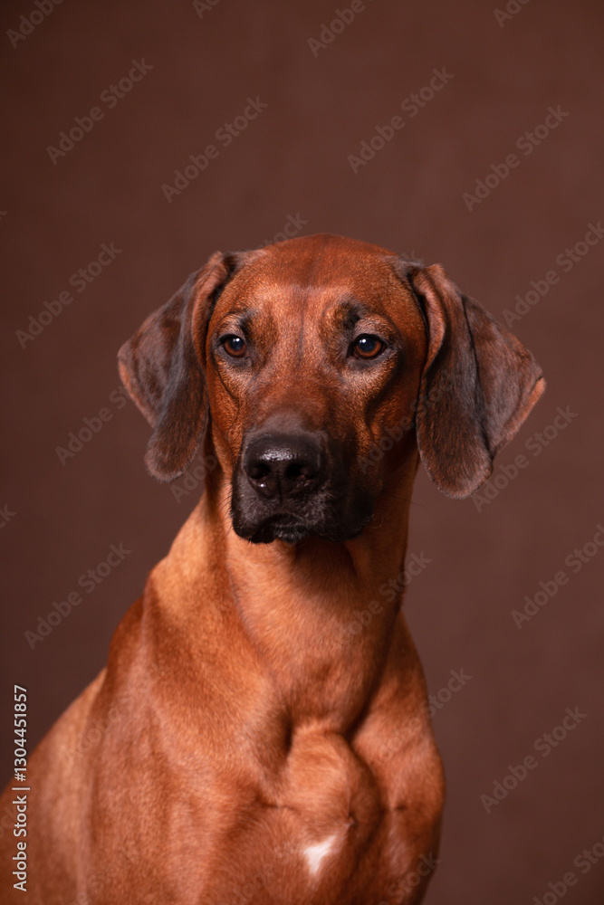 Rhodesian Ridgeback looking at camera on a brown background Rhodesian Ridgeback looking at camera on a brown background