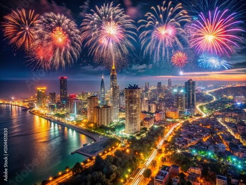 Batumi Night Fireworks Aerial Cityscape - Stunning Night Photography