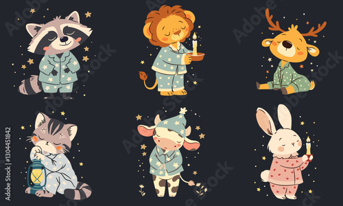 A set of cute flat vector illustrations in a simple childish style. Cute sleepy animals in pajamas with lamps and candles. Raccoon cow bunny kitten deer and lion on dark background with stars . Vector
