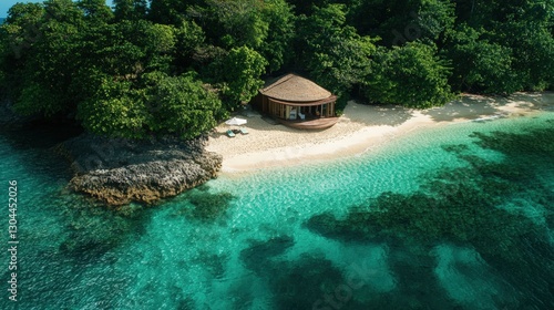 Secluded Coastal Paradise: A tranquil beach with a beautiful turquoise waters, soft sands, a secluded cabana embraced by the lush of verdant greenery, offers an invitation to relaxation and serenity.