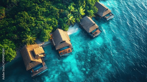Oceanfront Paradise: Luxurious overwater bungalows nestled along a pristine shoreline, offering breathtaking views of the turquoise ocean, surrounded by lush greenery.
