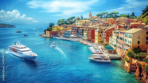Coastal Gem: Charming town with colorful buildings, boats on the clear blue sea, and lush greenery. Capturing the vibrant beauty of the Mediterranean coastline, inviting travel and leisure.