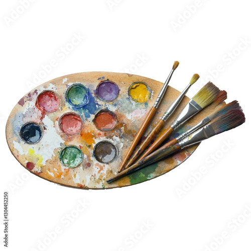 Watercolor paint palette and brushes isolated on a white background