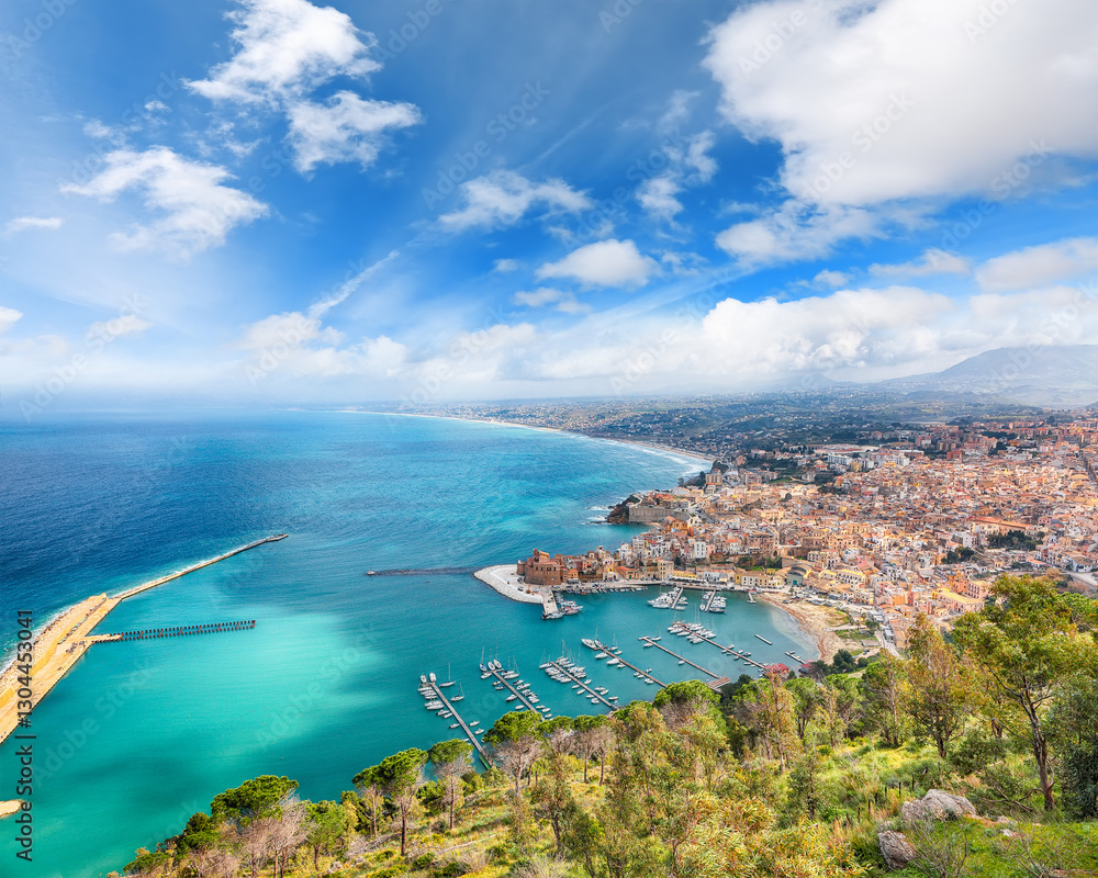 Spectacular aerial cityscape of Castellammare del Golfo town