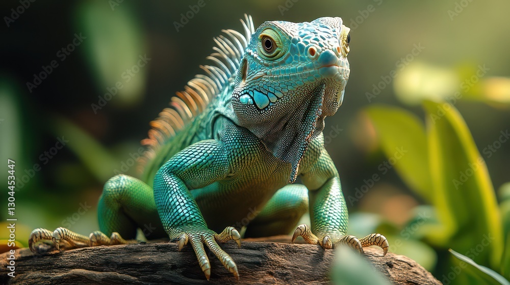 Green iguana posing, tropical garden, sunlight, nature documentary Green iguana posing, tropical garden, sunlight, nature documentary