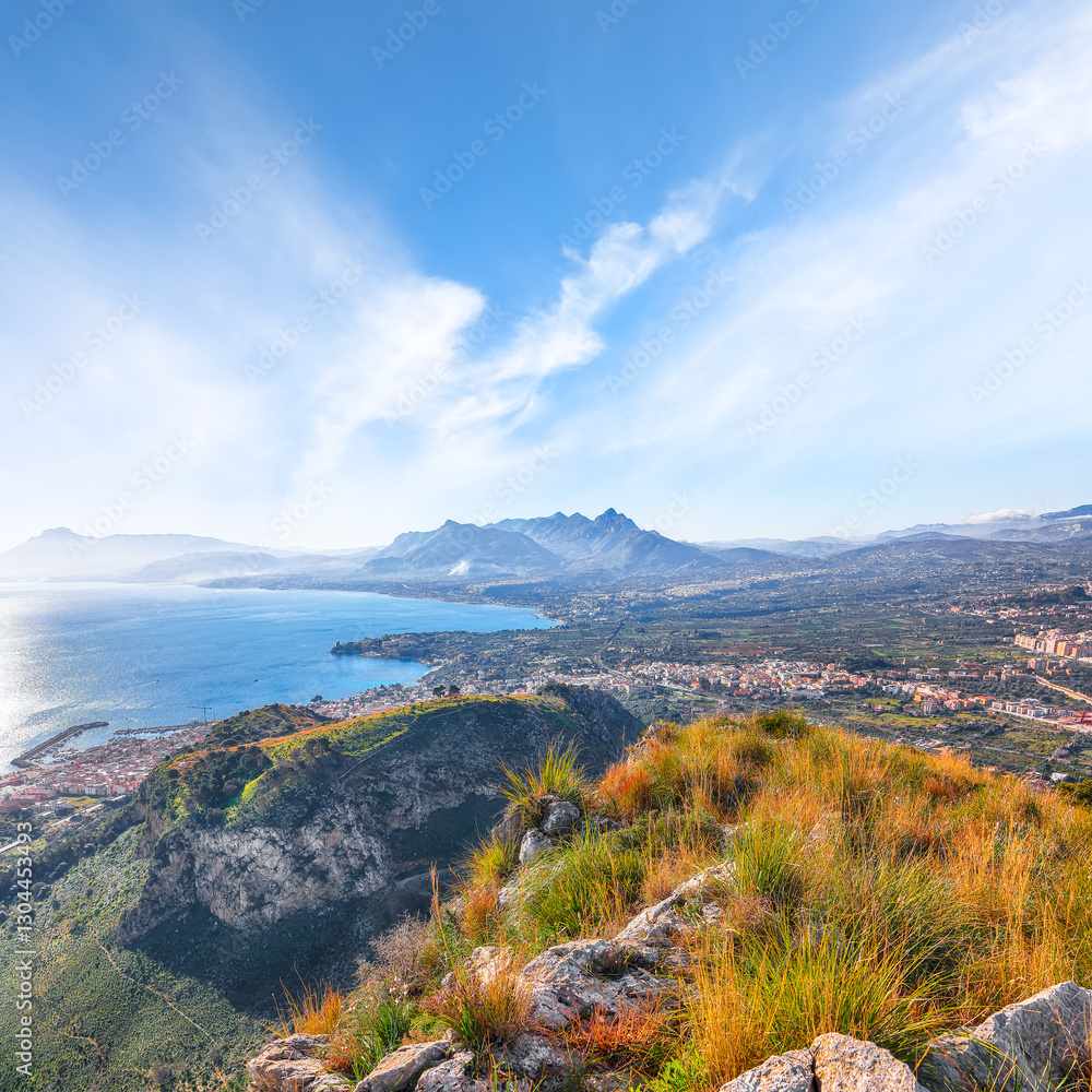 Amazing view of Porticello and Santa Flavia towns and national park Orientata Pizzo Cane