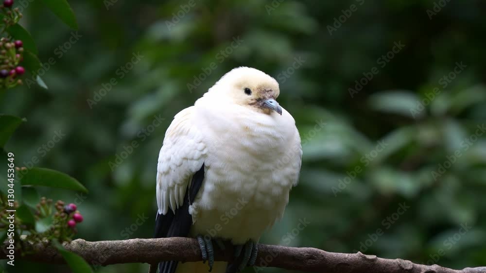 A Pied imperial pigeon, (Ducula bicolor) perched and resting on the branch, fluff up its feathers to trap air and create insulation, to keep warm, close up shot. A Pied imperial pigeon, (Ducula bicolor) perched and resting on the branch, fluff up its feathers to trap air and create insulation, to keep warm, close up shot.