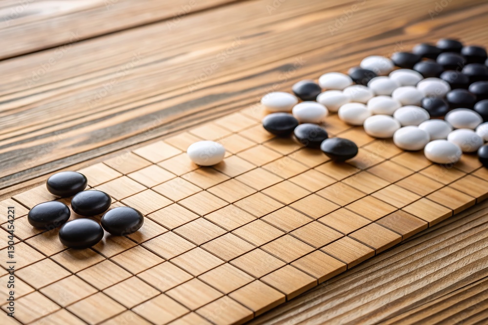 Black and White Go Game Stones on Wooden Board - Copy Space Black and White Go Game Stones on Wooden Board - Copy Space