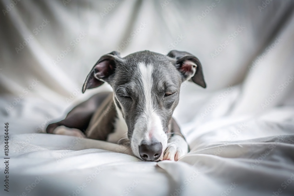 Black and White Russian Greyhound Puppy Sleeping on White Bedspread - Long Exposure Photography Black and White Russian Greyhound Puppy Sleeping on White Bedspread - Long Exposure Photography