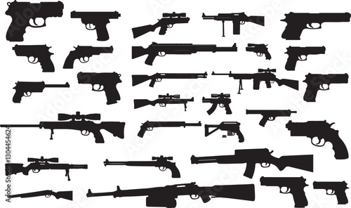 Pistol and Gun Silhouettes on White Background