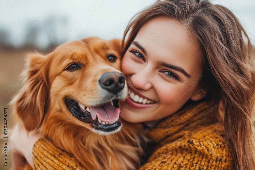 Smiling woman embraces golden retriever in autumn landscape filled with warmth and happiness Smiling woman embraces golden retriever in autumn landscape filled with warmth and happiness