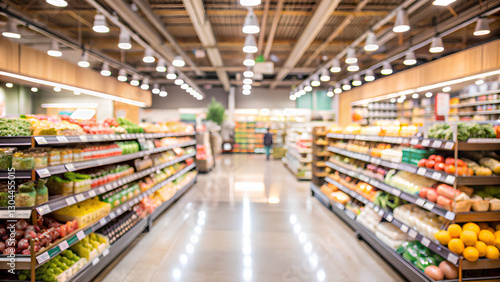 Fototapeta Naklejka Na Ścianę i Meble -  Blurred Supermarket store aisle interior abstract background