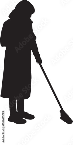 vector; silhouette;woman sweep the floor with a broom