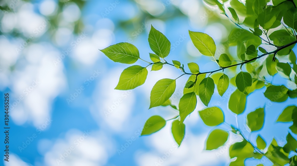 Bright Green Leaves on Branch Against Blue Sky Bright Green Leaves on Branch Against Blue Sky