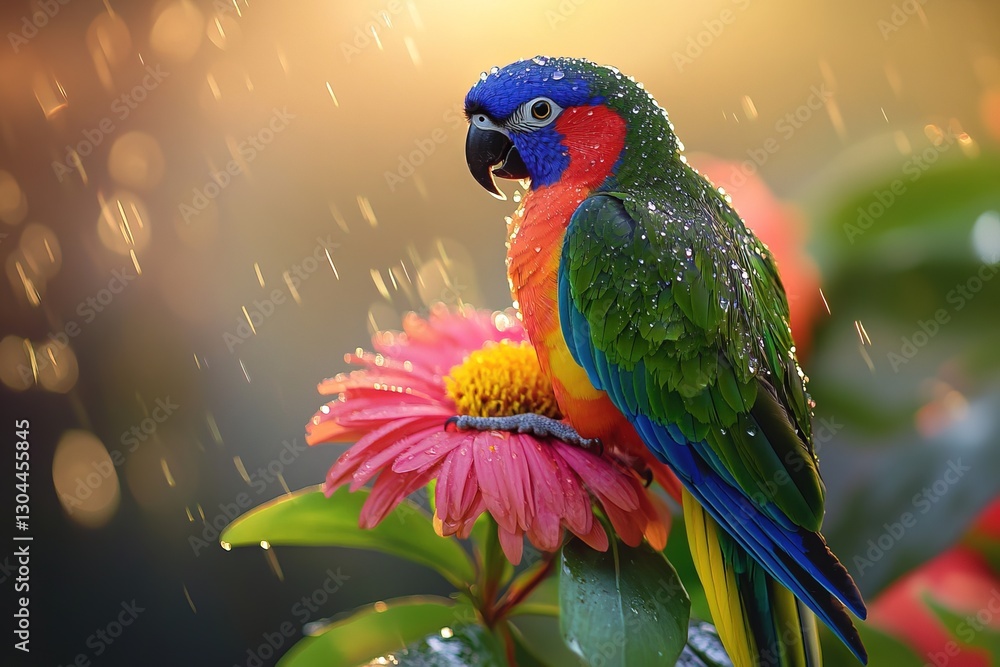 Fototapeta premium Rainbow lorikeet parrot. Colorful parrot sitting on a flower in the rain with a blurred background.
