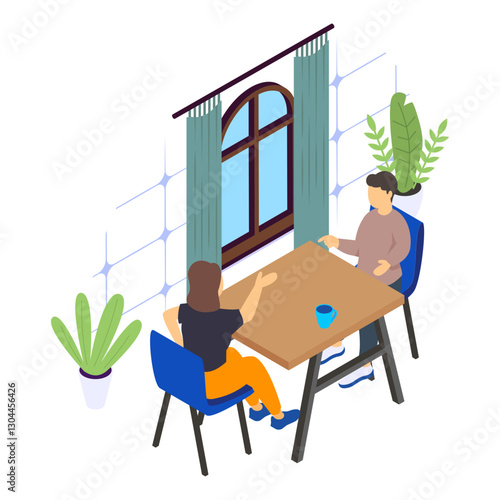 Boss and Employee in Heated Discussion Over Coffee isometric concept, Couple Resolving and Finding Common Ground vector design, Love romance banner Valentine Day Scene, human relationship illustration