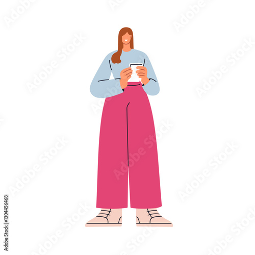 Woman holding mobile phone. Young female character standing with smartphone i...