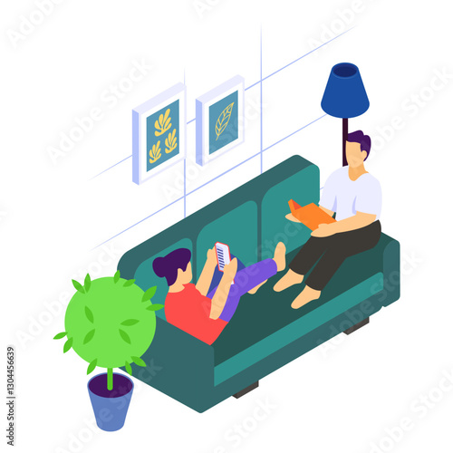 Couple Reading Book while sitting on same couch isometric concept, Literary Companionship in Sharing Space vector design, Love romance banner, Valentines Day Scene, human relationship illustration