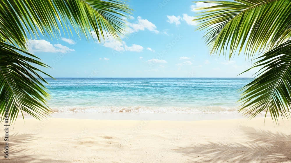 Obraz premium Serene Tropical Beach Scene with Palm Trees and Azure Ocean