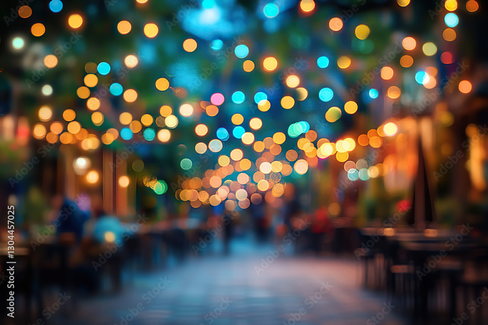Blurred image of a pedestrian street with cafes and garlands. Blurred background of the street festival. Blurred image of a pedestrian street with cafes and garlands. Blurred background of the street festival.