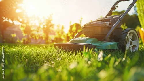 abstract background with mowing lawn and golden sunlight, fresh green tones, dynamic and vibrant, calming and natural composition