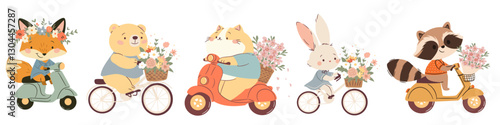 A set of flat vector illustrations in a simple children's style. Cute animals riding on bicycle and scooter with bouquets of flowers and wreaths. Bear hare raccoon cat and fox. Spring illustrations