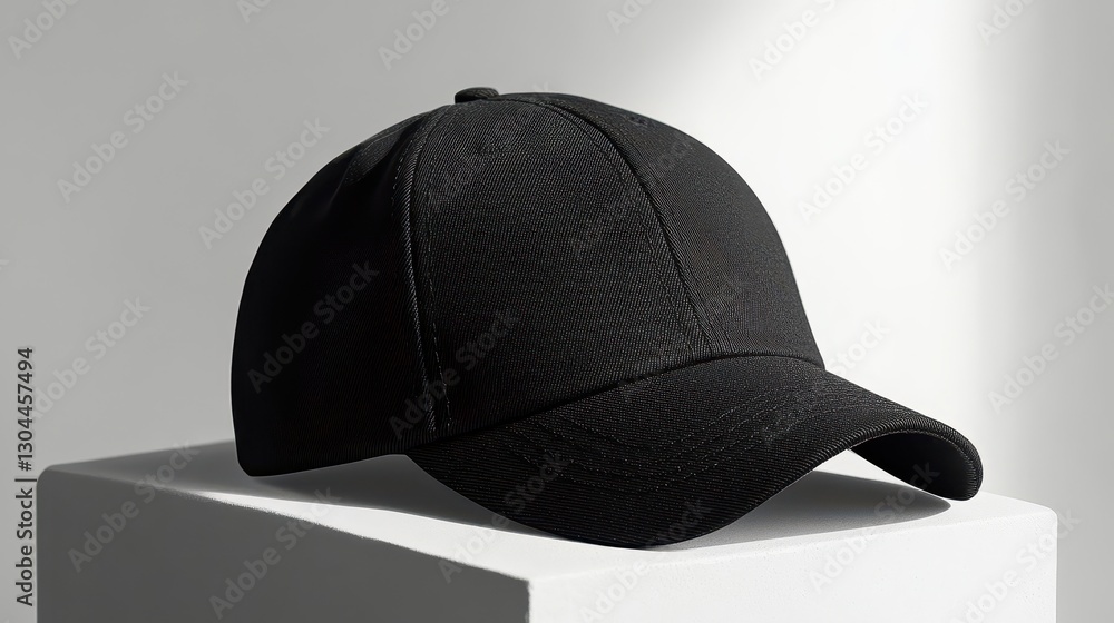 A sleek, black snapback cap, its brim angled slightly, rests on a white surface, a minimalist canvas for showcasing its design and potential. A sleek, black snapback cap, its brim angled slightly, rests on a white surface, a minimalist canvas for showcasing its design and potential.