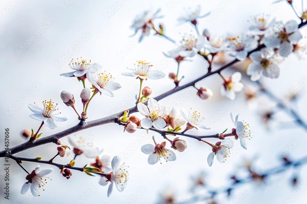 Blossoming Branch Silhouette: Close-up White Flowers & Twigs on White Blossoming Branch Silhouette: Close-up White Flowers & Twigs on White