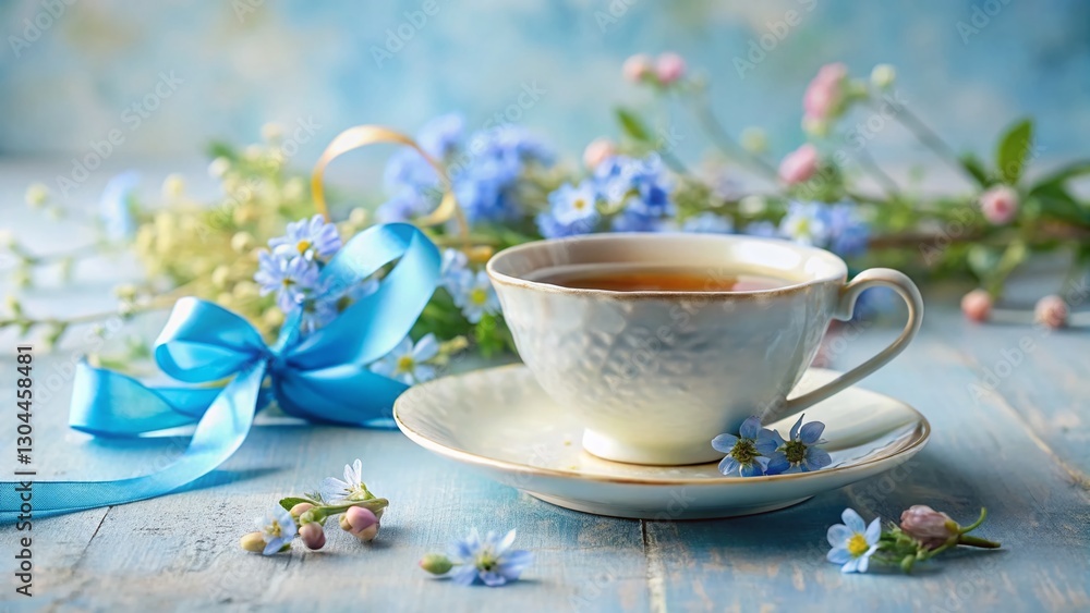 Fototapeta premium Blue Ribbon, Cataract Awareness: Herbal Tea & Flowers Still Life